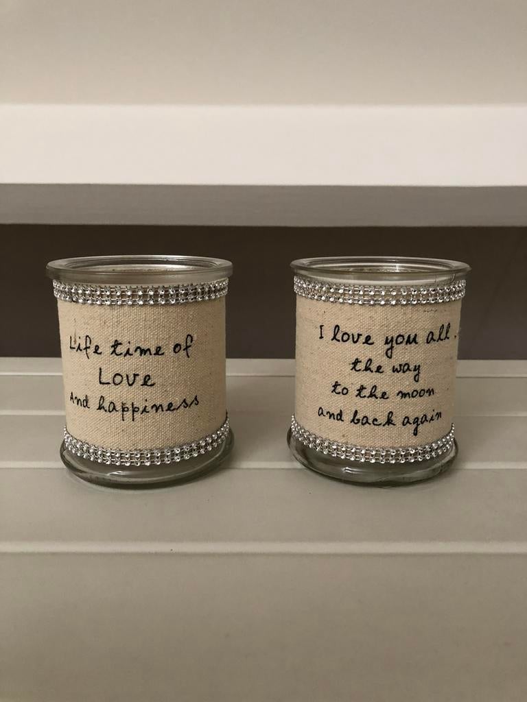 2 x theelicht windlicht waxinelicht houder met tekst, Beige, Ophalen of Verzenden, Glas, Landelijk