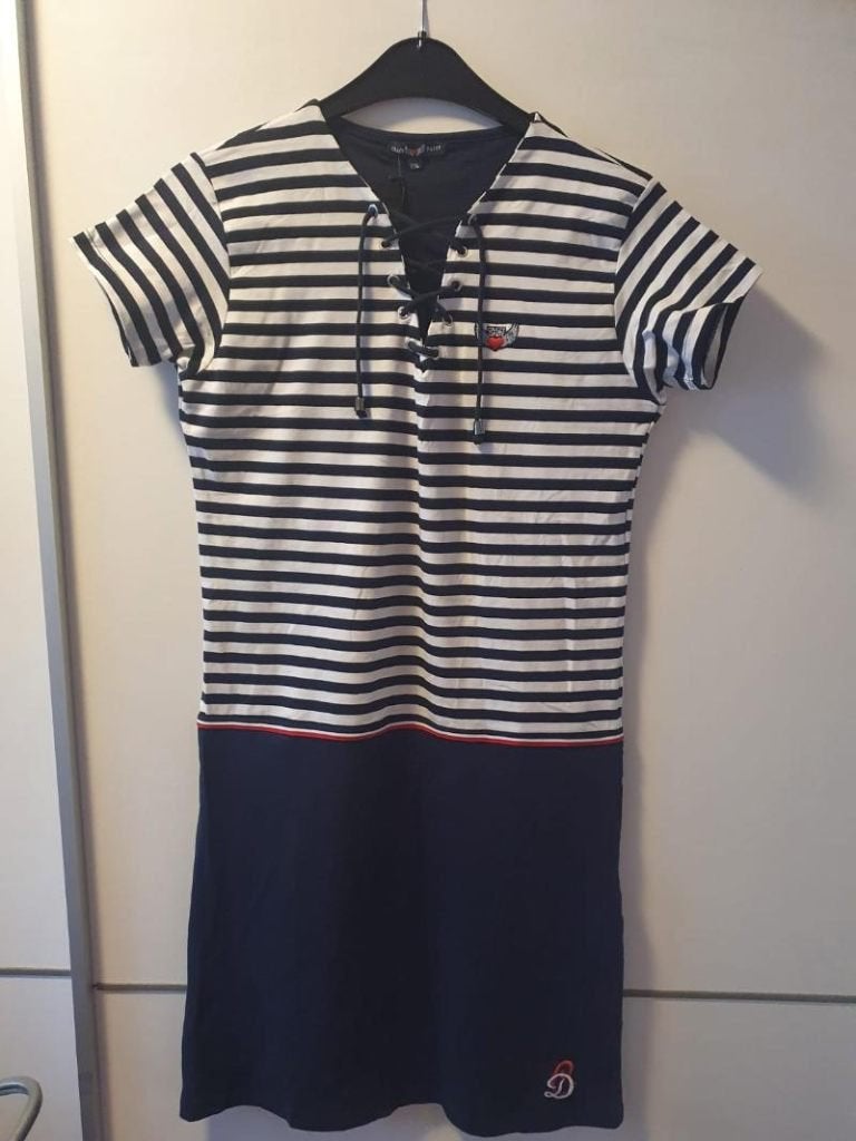 Nieuw! blauw/wit gestreepte jurk van Crazy Daisy maat XL!, Maat 42/44 (L), Nieuw, Onder de knie, Verzenden