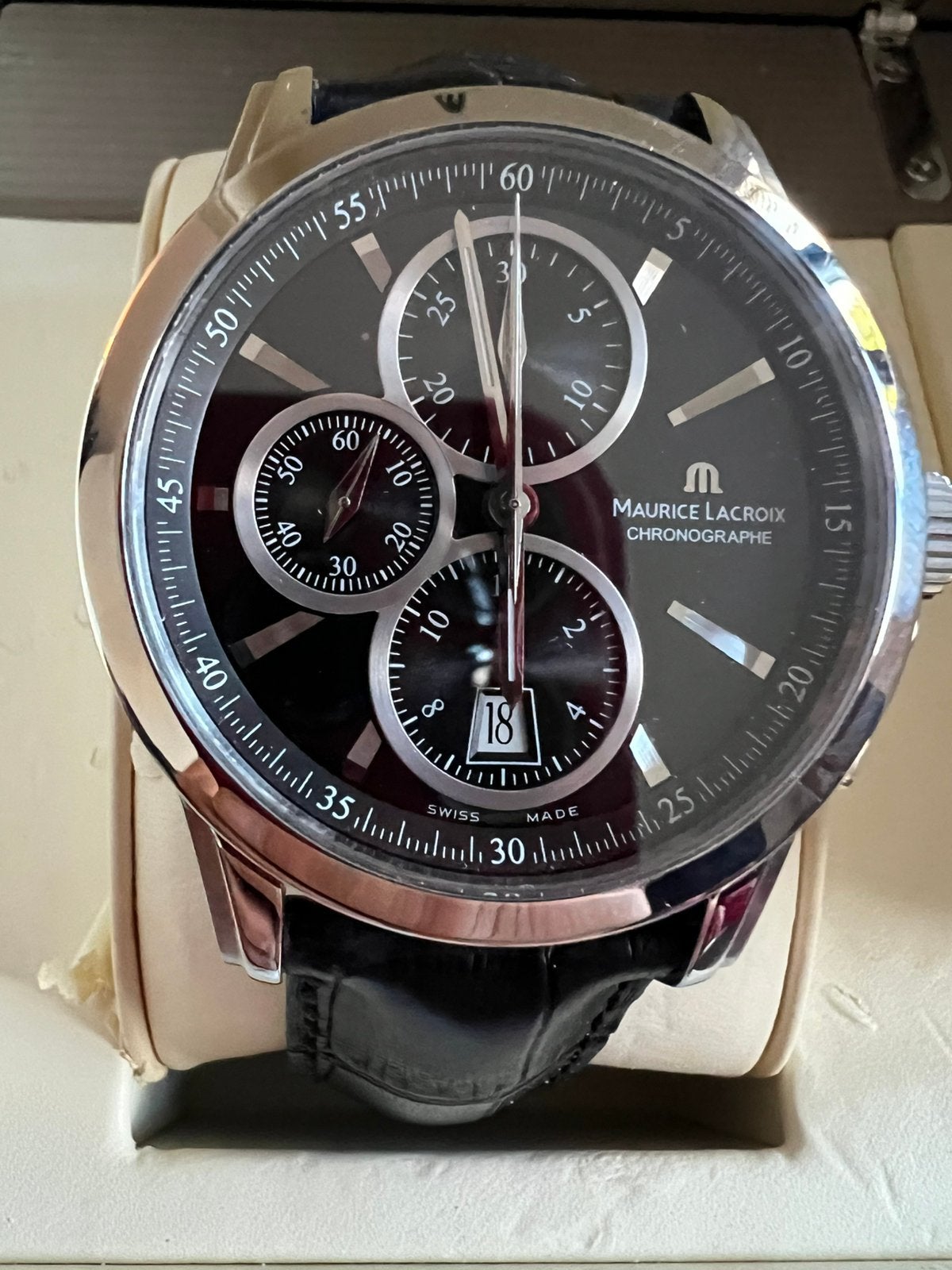 Als nieuw! Maurice Lacroix Pontos Automatic PT7538/48, Overige merken, Leer, Staal, Polshorloge