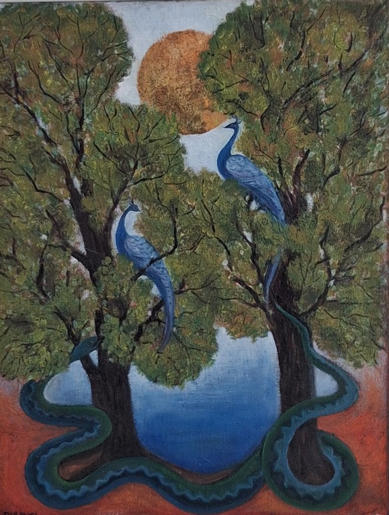 Ria Exel (1915-1985) Pauwen, slangen, Antiek en Kunst, Doek, Realistisch, Origineel werk, Dieren