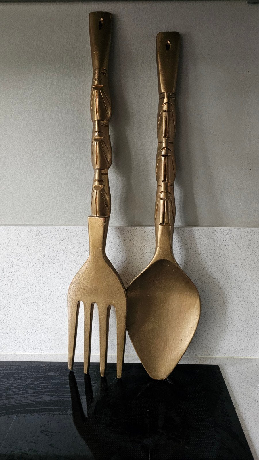 Decoratieve houten vork en lepel - Goud gespoten, 70 cm, Ophalen, Gebruikt, Goud, Hout