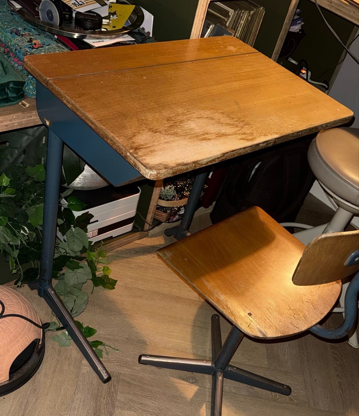 Vintage schoolbankje met stoel - Blauw en Hout, Ophalen