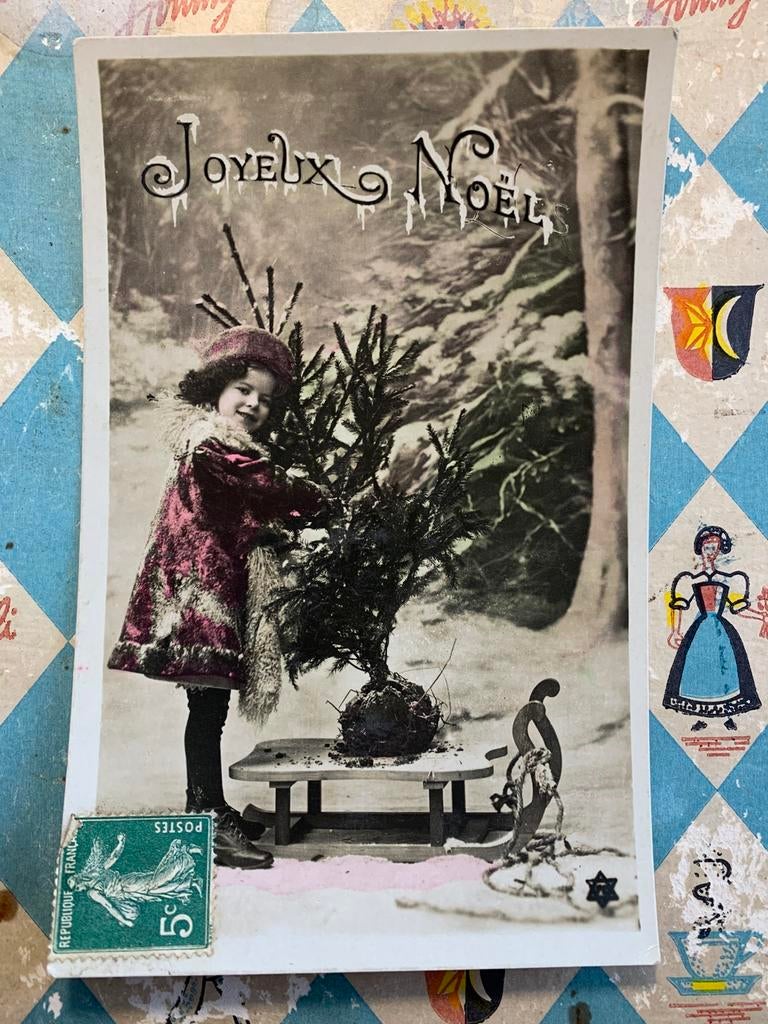 Joyeux Noël - meisje, slee, kerstboom (NN), Ophalen of Verzenden, Voor 1920, Gelopen, Feest(dag)