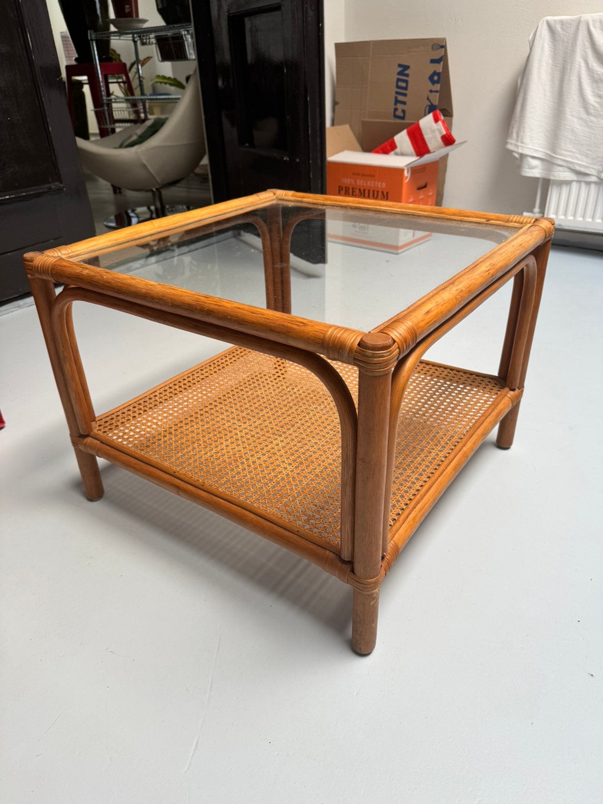 Rotan salontafel met glasplaat, Gebruikt, 50 tot 100 cm, Vierkant, Ophalen of Verzenden