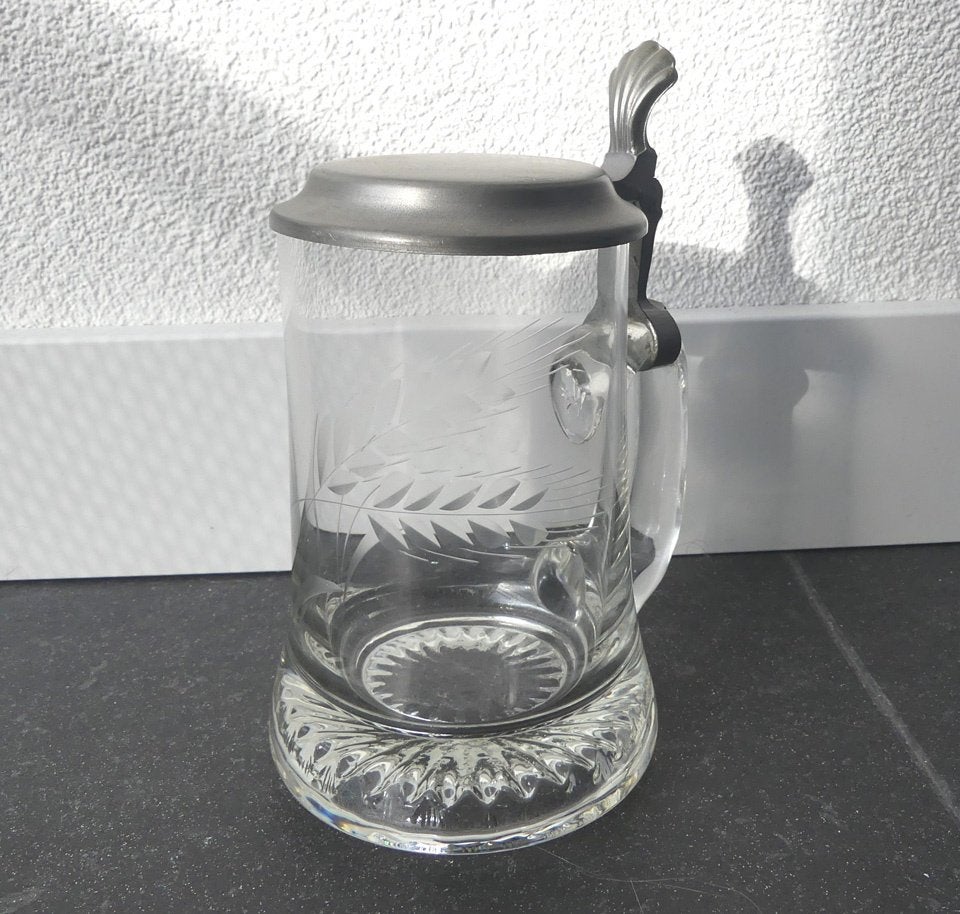 Vintage bierpul glas tinnen deksel korenaren gravure, Ophalen of Verzenden, Gebruikt, Glas, Glas of Glazen