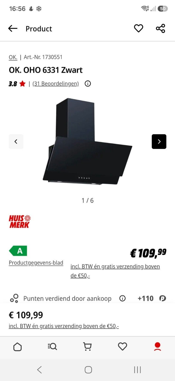 afzuigkap zwart, Ophalen, Zo goed als nieuw, 200 tot 400 m³ per uur, Onderbouw afzuigkap
