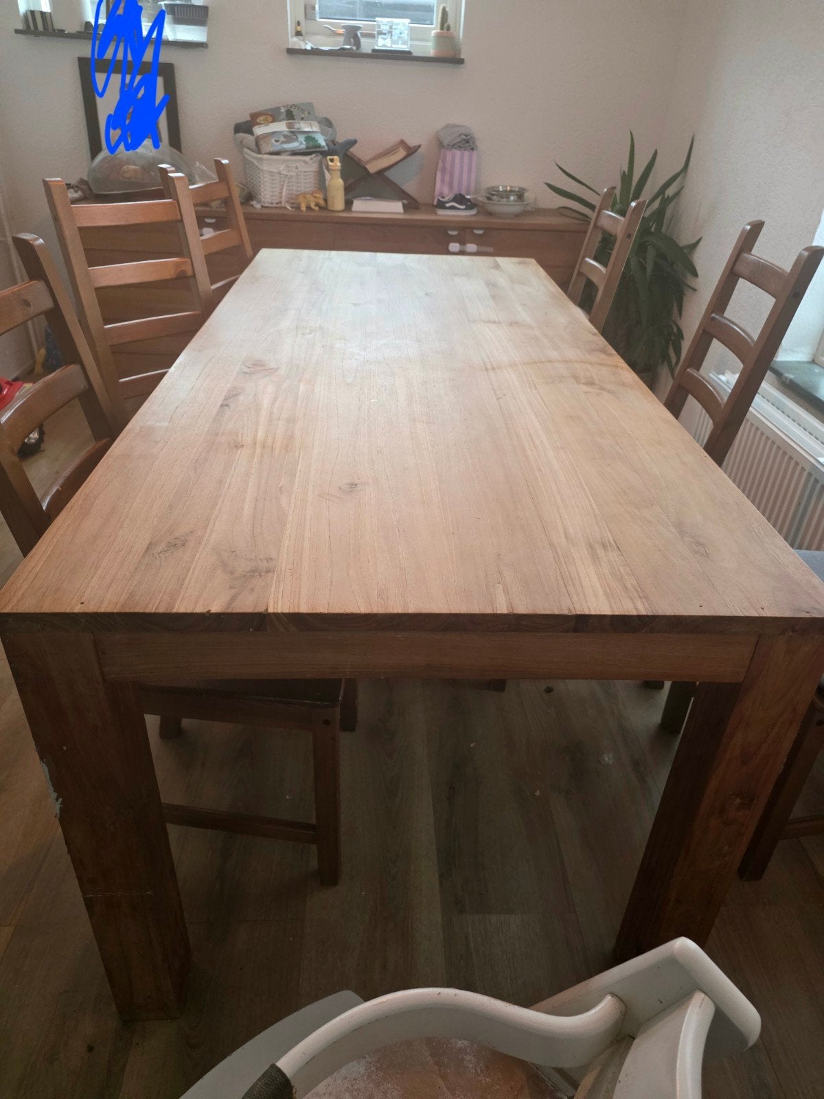Massief eiken eettafel met 6 stoelen, Ophalen, Eikenhout, 200 cm of meer, 50 tot 100 cm