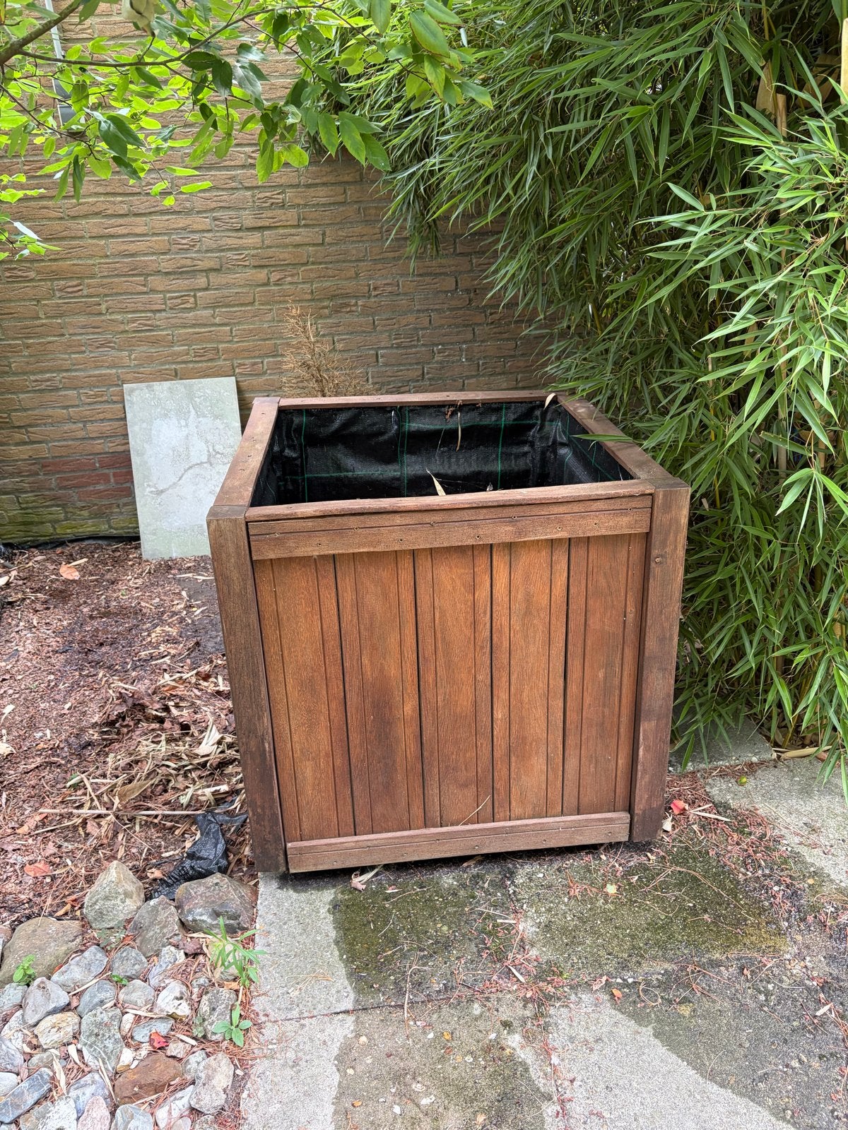Hardhouten plantenbak 80x80 met hydrokorrels en wieltjes, Ophalen, Gebruikt, Vierkant, 60 tot 100 cm