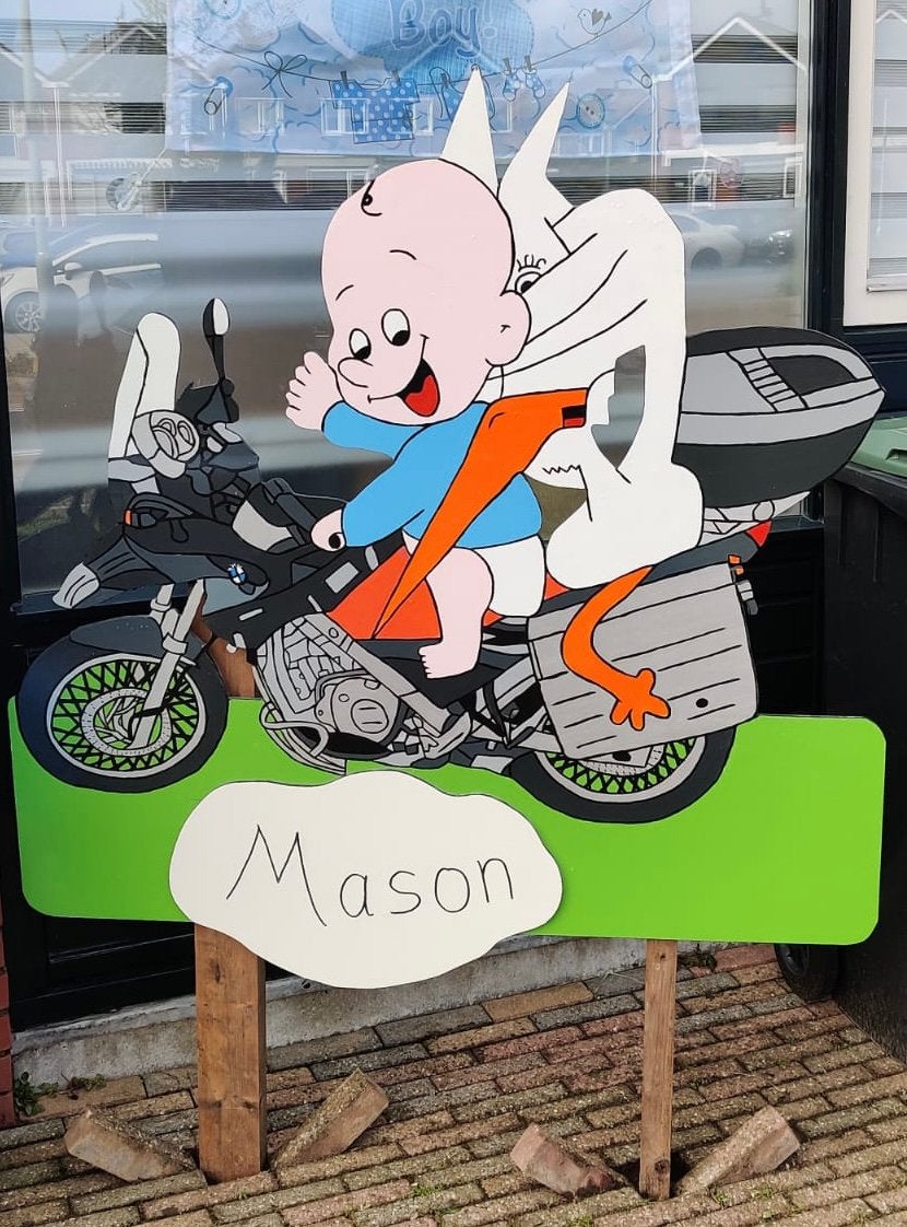 Geboortebord Ooievaar met baby op motor, Ophalen, Zo goed als nieuw, Geboortebord
