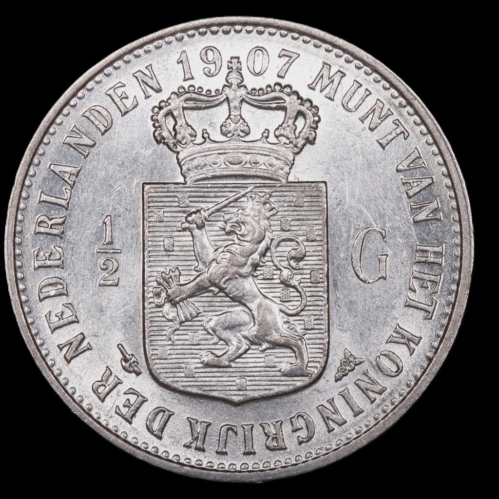 Halve gulden 1907. Pr., ½ gulden, Zilver, Ophalen of Verzenden, Koningin Wilhelmina