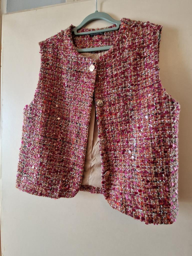 Stijlvol Tweed Gilet met Pailletten, Maat 38/40 (M), Ophalen of Verzenden, Roze, Onbekend