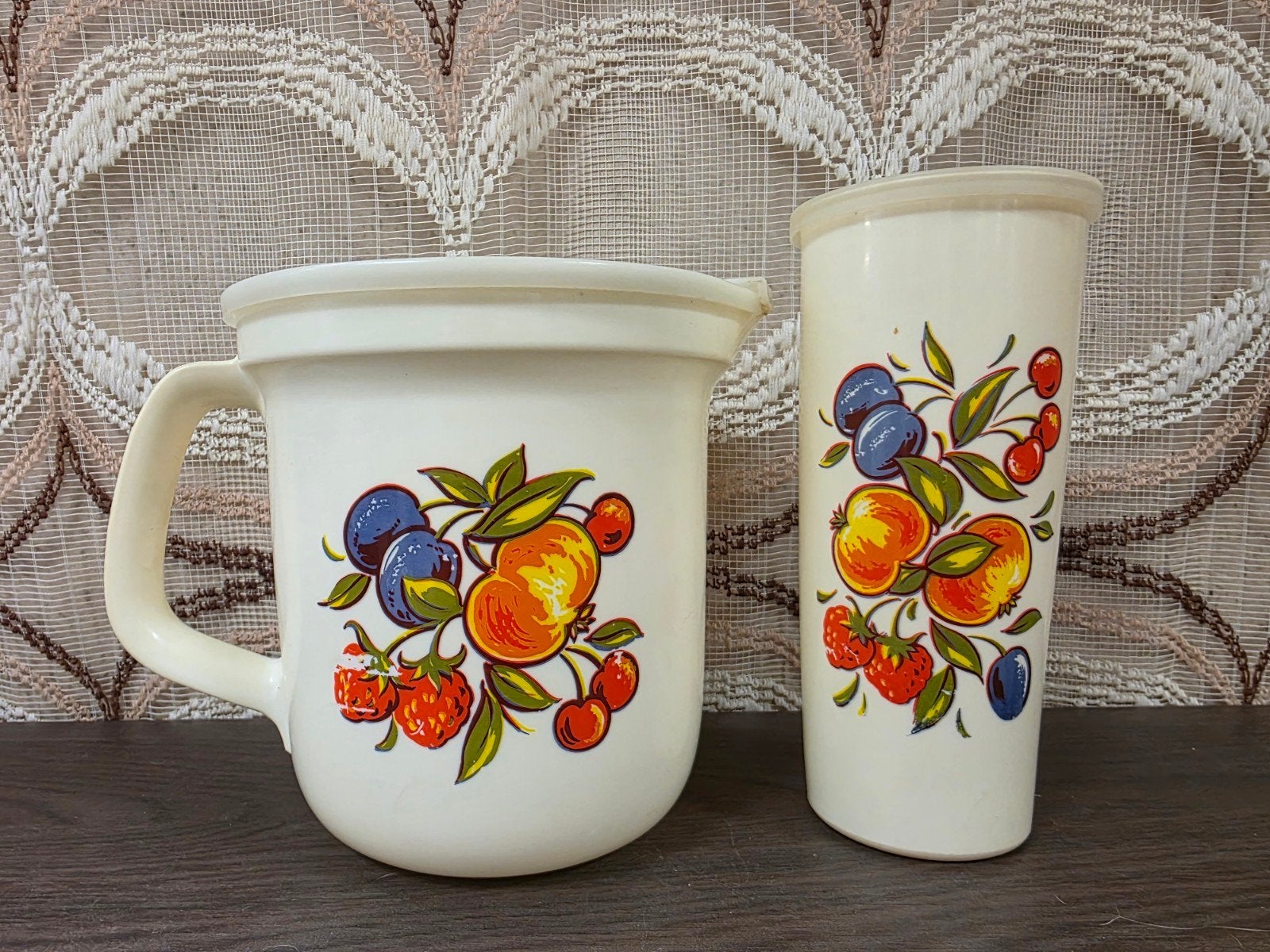 Vintage Emsa beslagkom met beker fruitdecor, Kunststof, Onbekend, Emsa, Ophalen of Verzenden