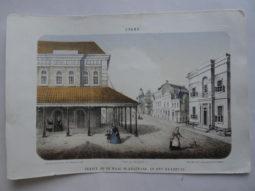 litho Sneek Waag, rechtbank, raadhuis v. Hoogstraten, 1855, Antiek en Kunst, 1800 - 1899, Verzenden, Architectuur, Origineel