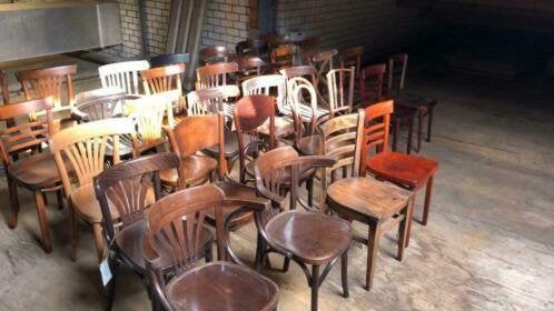 houten vintage bistro stoelen showroom modellen opruiming!, Ophalen, Bruin, Zo goed als nieuw, Vijf, Zes of meer stoelen