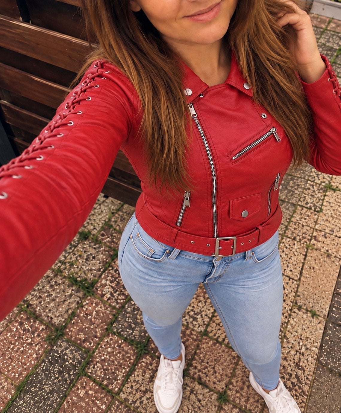 Rood leren bikerjack met vetersluiting - Maat 36 (S), Verzenden, Nieuw, Maat 36 (S), Rood