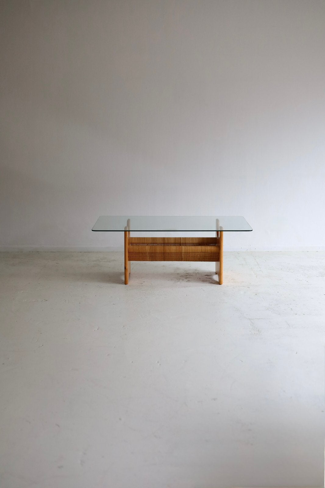 Vintage salontafel, glas en riet, Huis en Inrichting, Tafels | Sidetables, Ophalen, 100 tot 150 cm, Design, Tijdperk