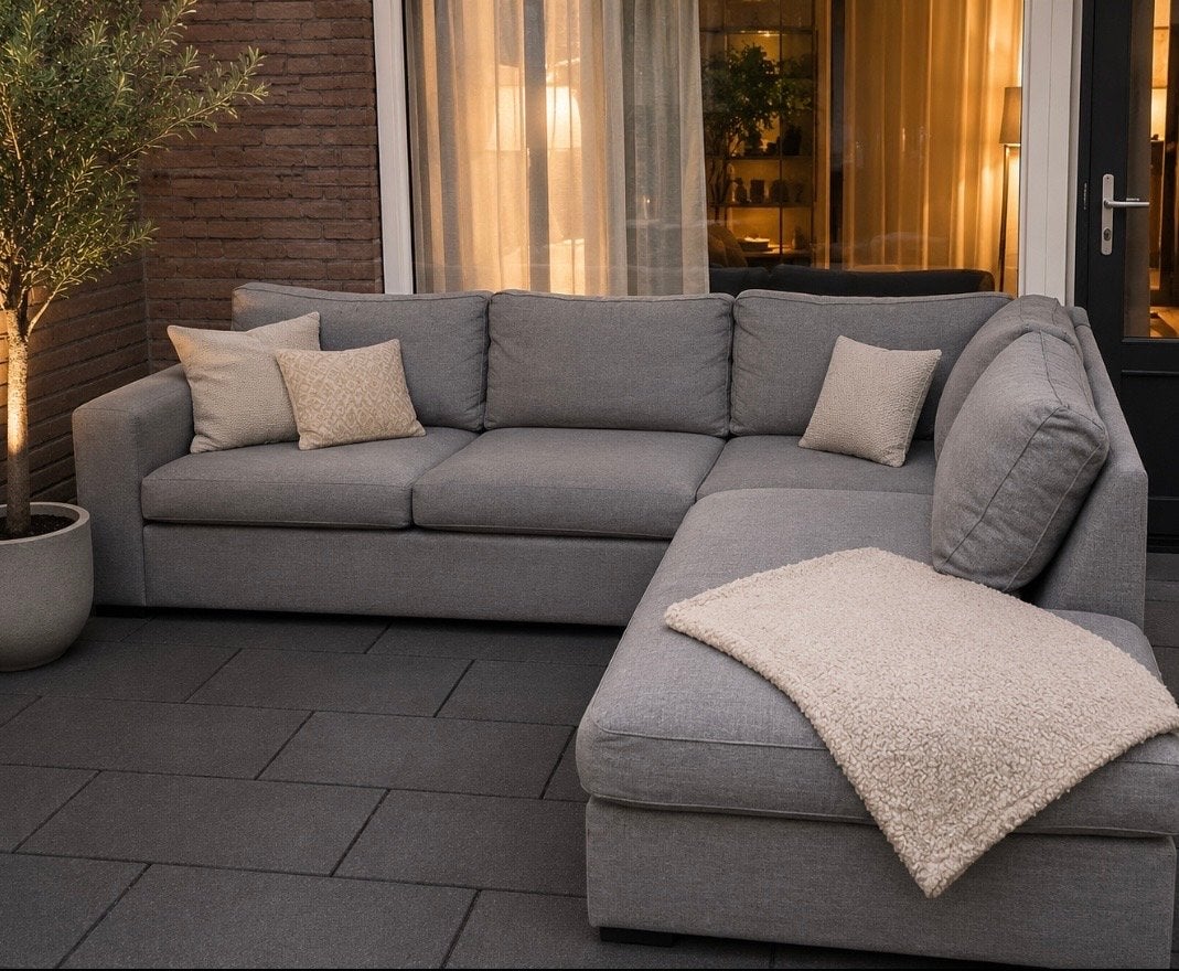 Grote hoekbank met chaise longue 25,-, Ophalen, Gebruikt, Stof