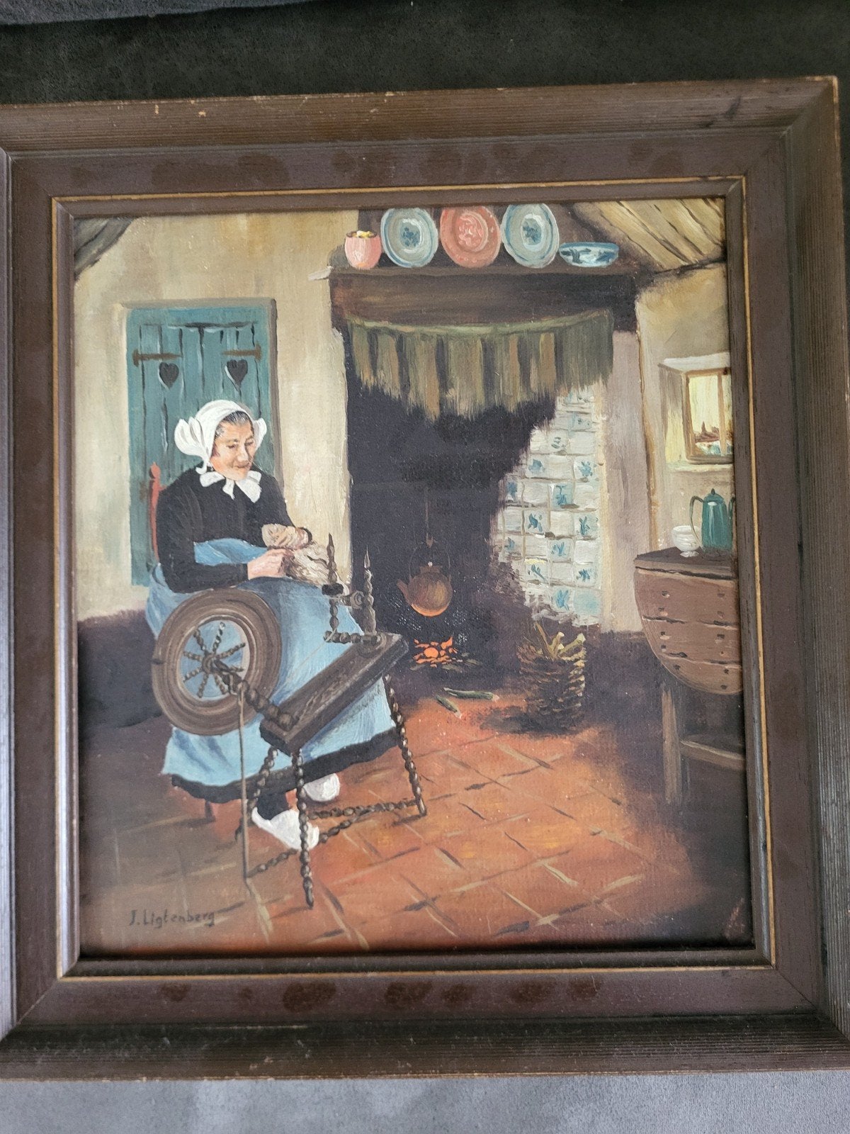 Olieverfschilderij J. Ligtenberg - Vrouw aan spinnewiel, Ophalen, Doek, Portret of Personen, Gesigneerd