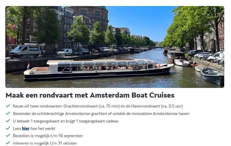 Amsterdam Boat Cruises – 1+1 GRATIS – 2 tickets voor €21,25, Twee personen, Ticket of Toegangskaart