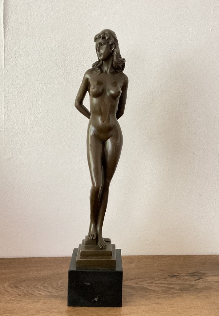 Bronzen naakte dame beeld, Antiek en Kunst, Art deco, Ophalen of Verzenden, Brons, Gemerkt