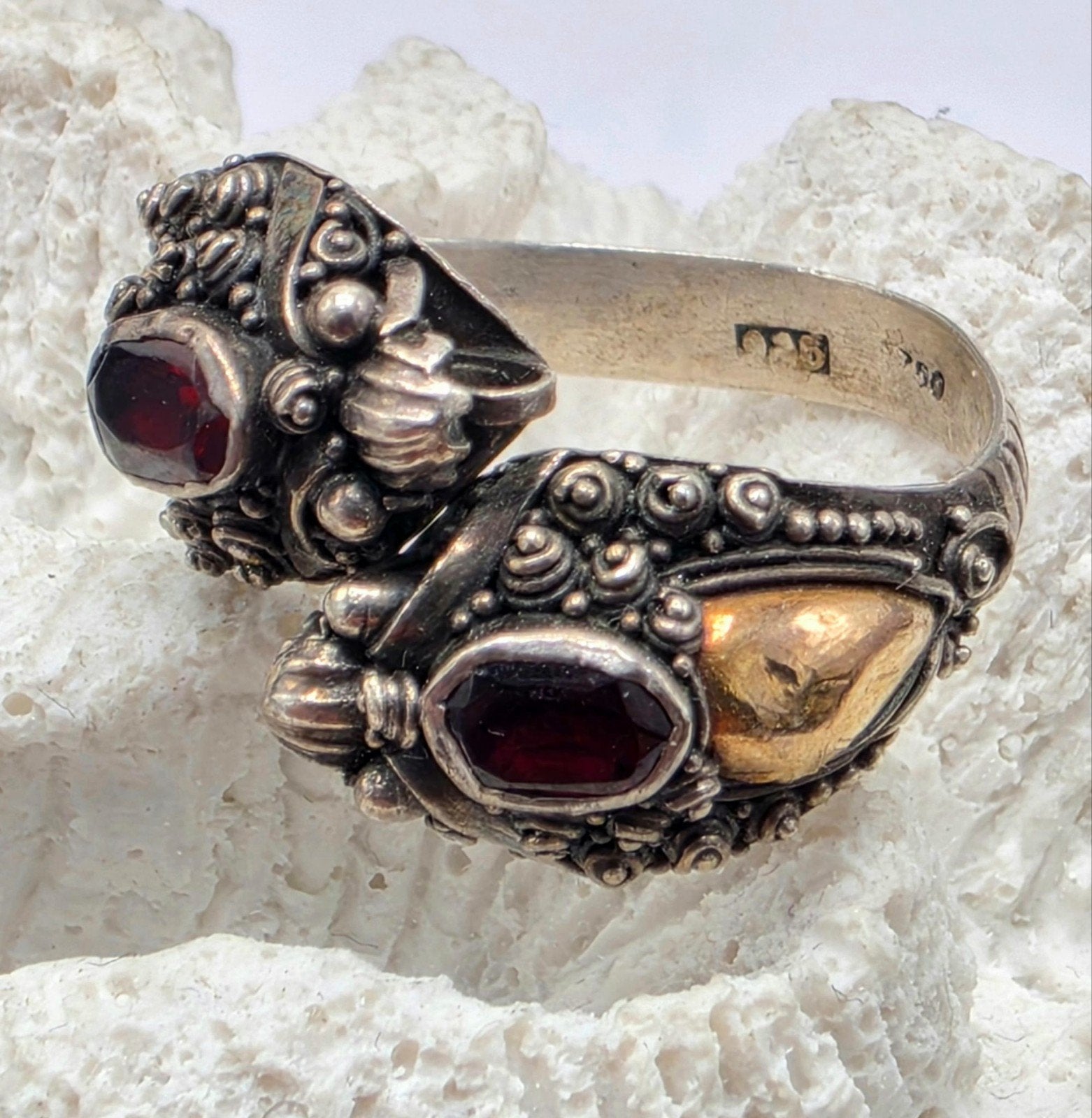 Zilveren & Gouden Draken Ring Met Granaat Steen, 20 of groter, Verzenden, ., Zo goed als nieuw