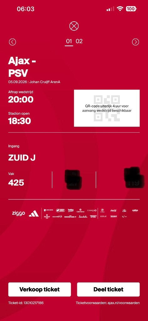 Ajax - PSV, Losse kaart, Eén persoon, September