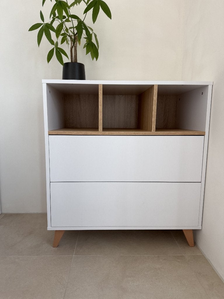 Moderne witte ladekast / commode met eiken vakken, Ophalen, 50 tot 70 cm, 100 cm of meer, Zo goed als nieuw