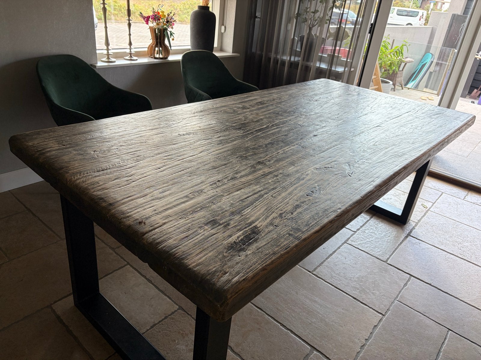 Robuuste eettafel 220x100 cm met metalen onderstel, Ophalen, Gebruikt, 100 tot 150 cm, 200 cm of meer