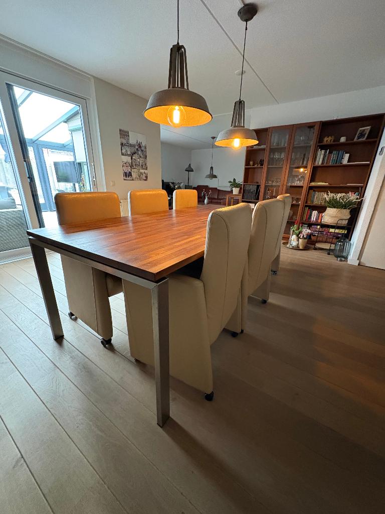 Eetkamerset met 6 lederen stoelen Mixedwood/RVS T.E.A.B., Ophalen, Zo goed als nieuw, Mixed hout met RVS onderstel en lederen stoelen