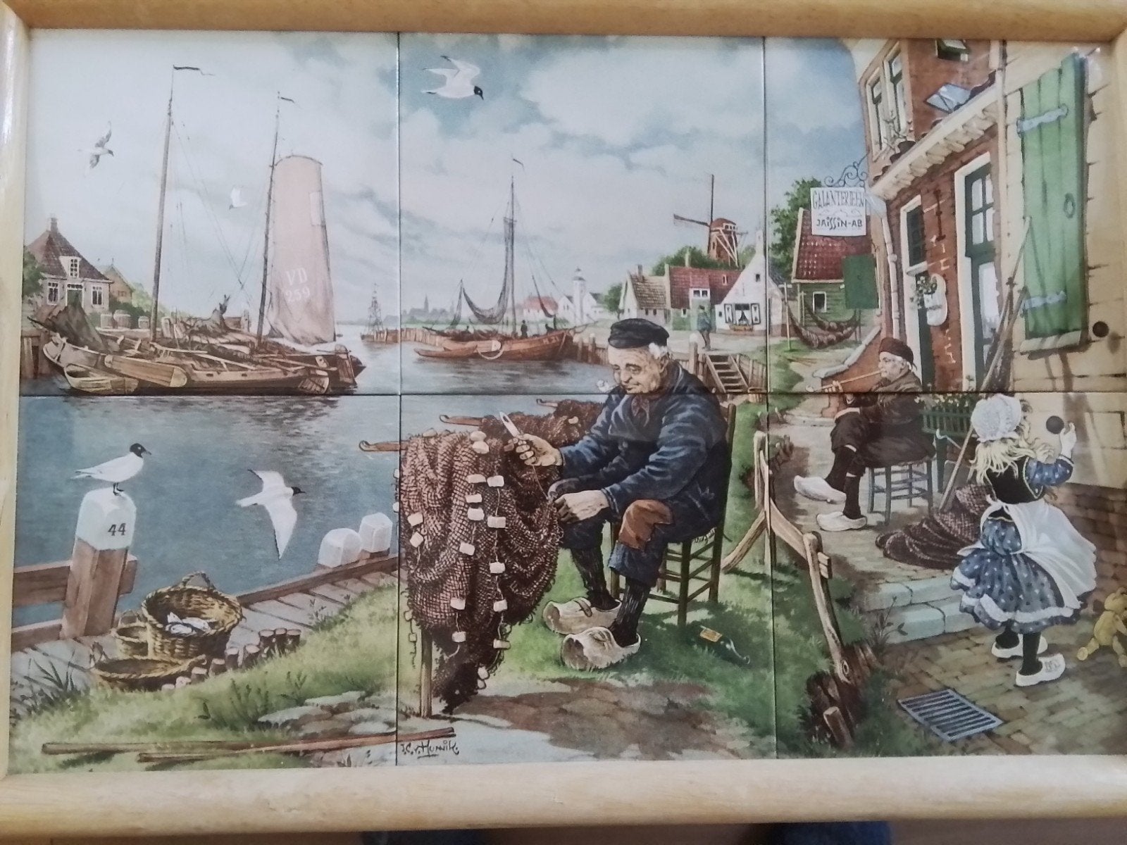 Vintage Tegeltableau Hollandse Vissershaven Scène, Ophalen