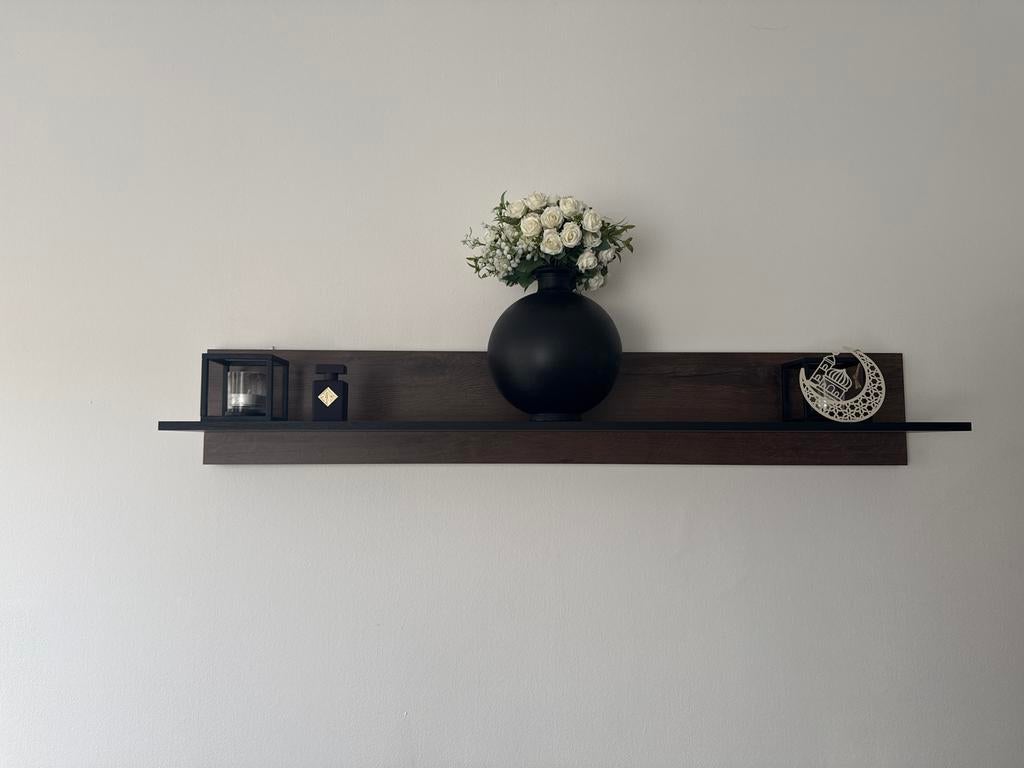 Complete woonkamerset: TV-meubel, wandkast en wandplank, Ophalen, Zo goed als nieuw, Met lade(s), 150 tot 200 cm