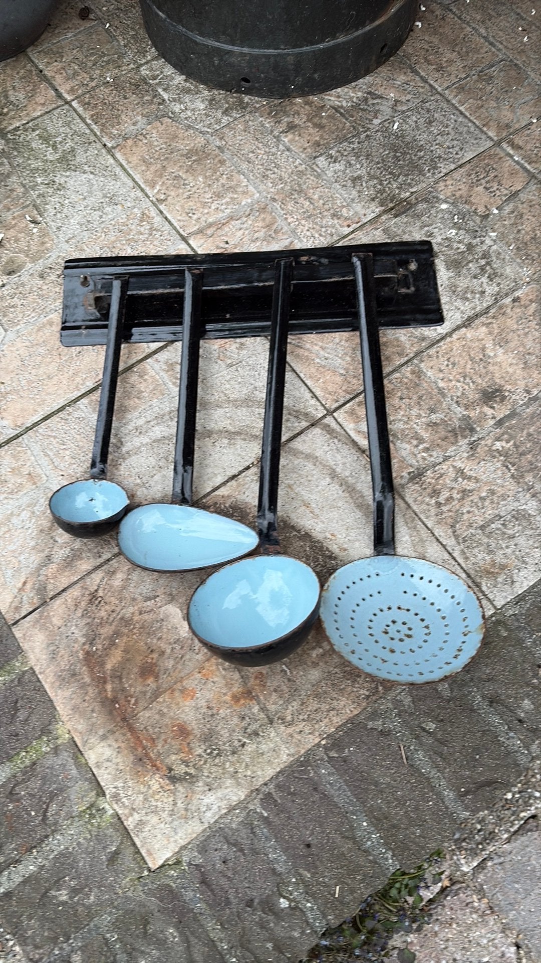 Brocante emaille oud lepel rek compleet, Ophalen of Verzenden