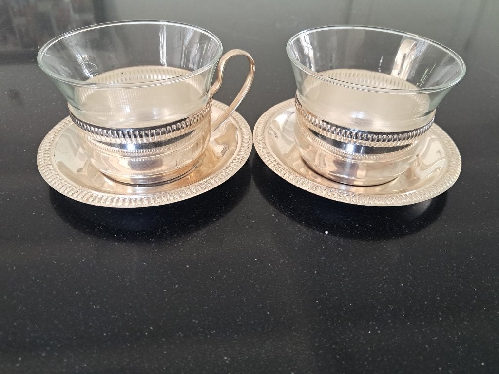 theeglazen met verzilverde houders en bordjes, Ophalen of Verzenden