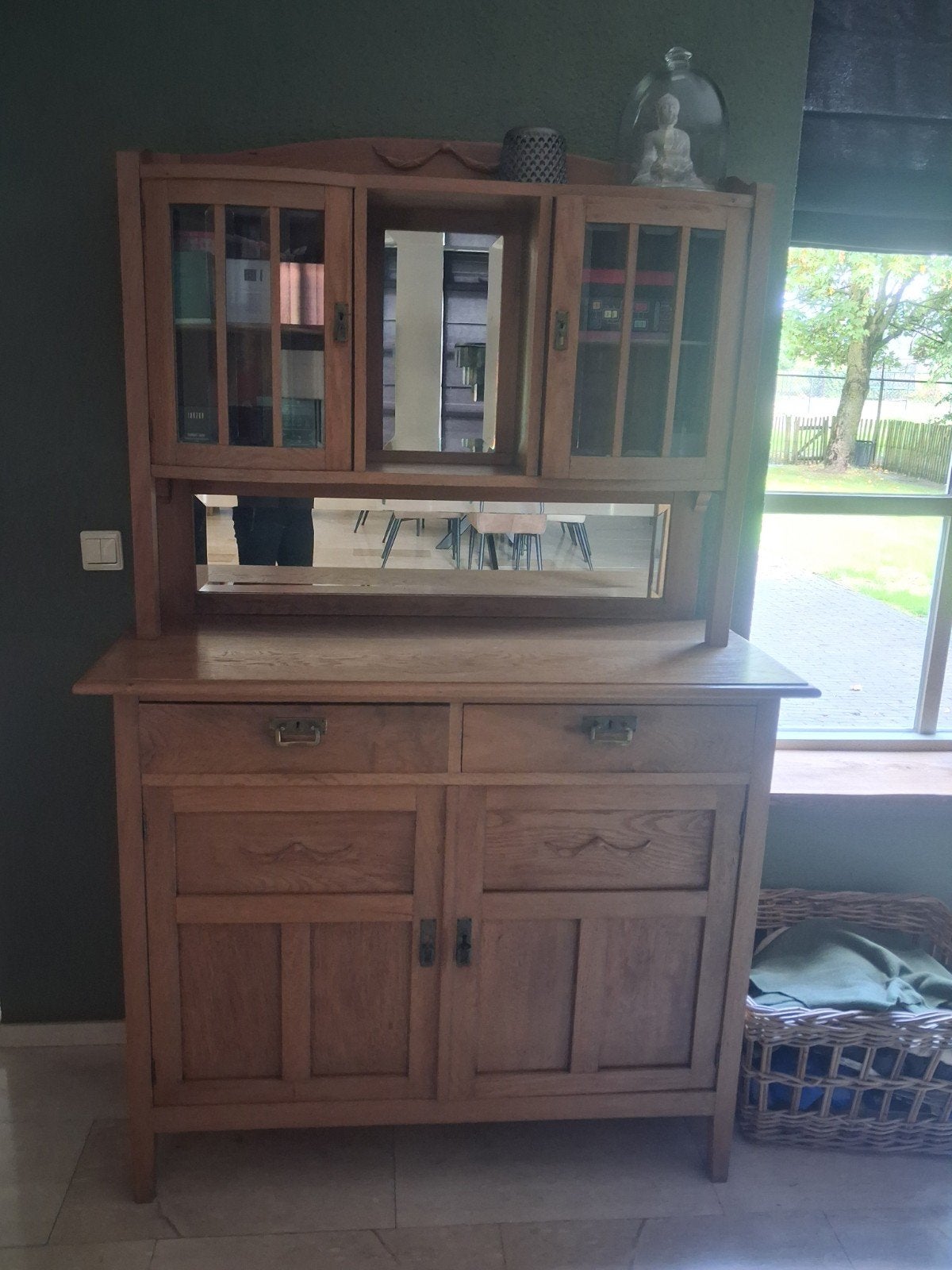 Antiek eiken dressoir met vitrinekast en spiegel, Antiek en Kunst, Antiek | Meubels | Kasten, Ophalen