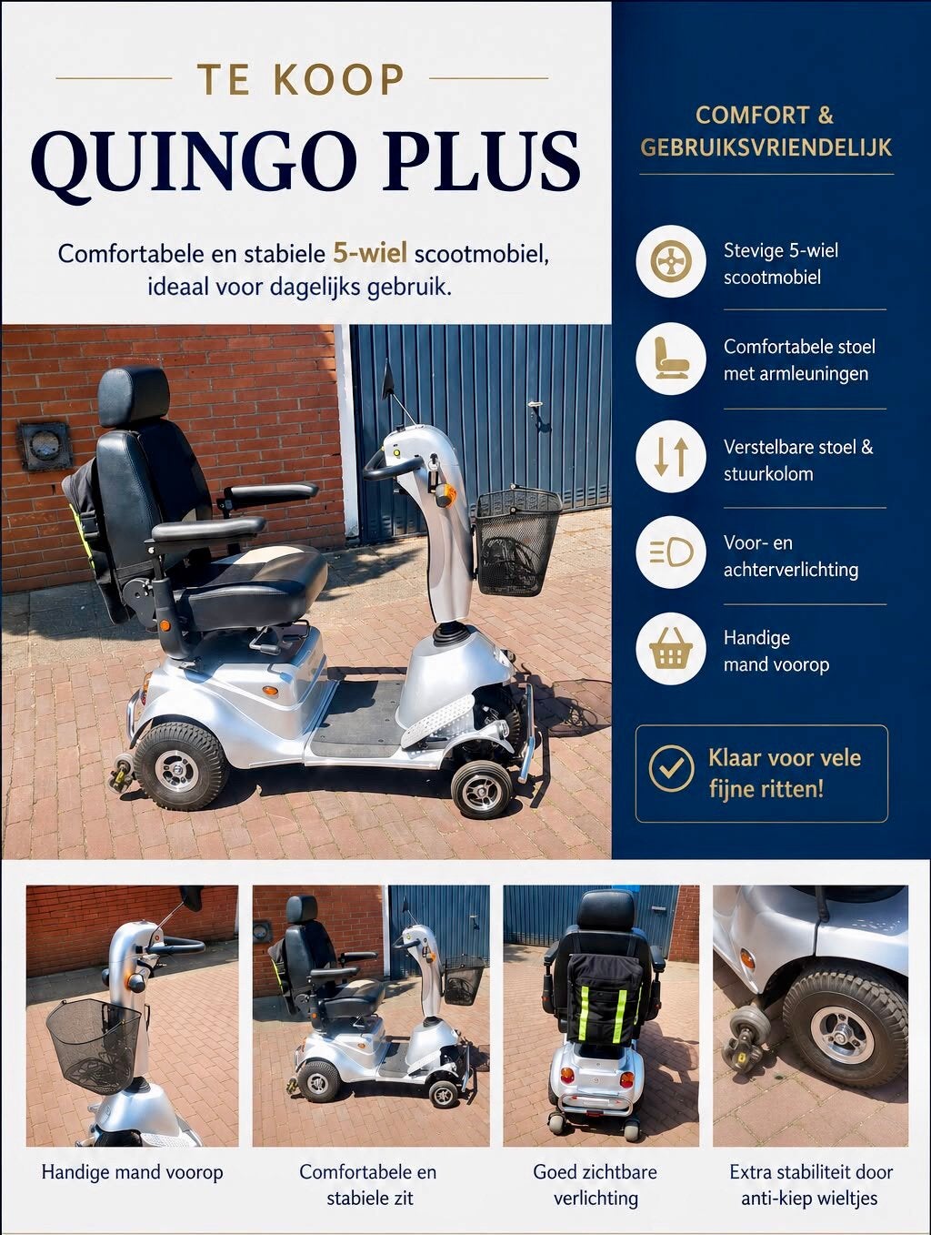 Quingo Plus scootmobiel 5 wielen, Ophalen, Gebruikt, Quingo, 36 t/m 45 km