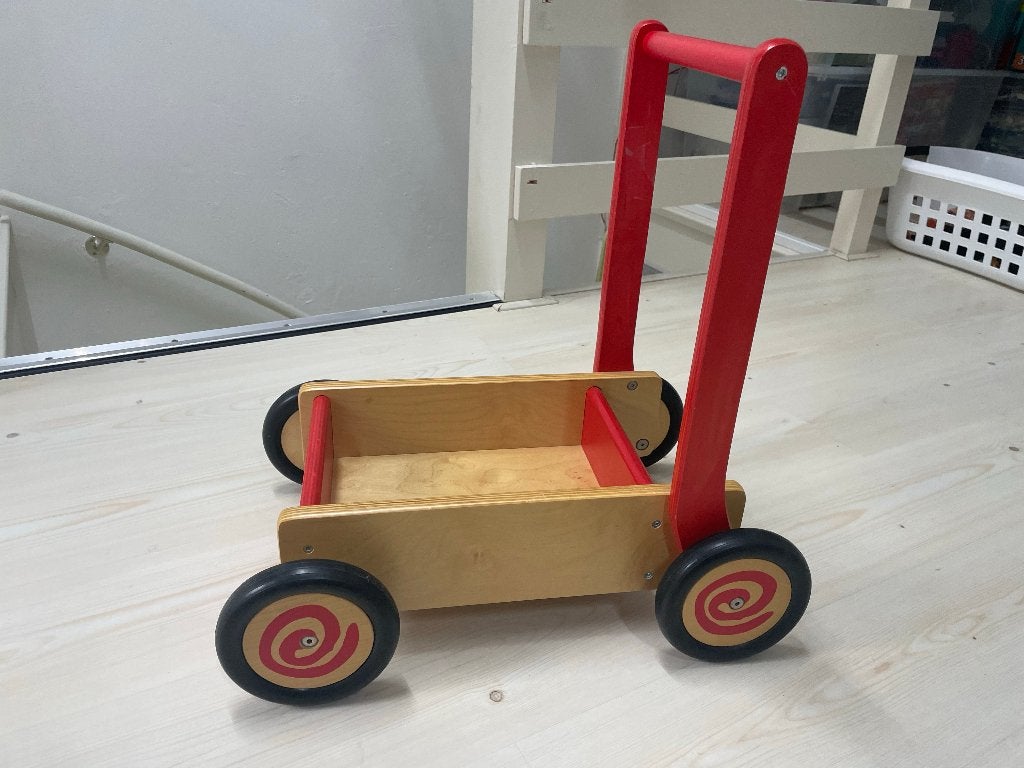 Stevige houten loopwagen / blokkenkar – Van Dijk Toys (Rood), Ophalen, Zo goed als nieuw, Duw- of Trekspeelgoed