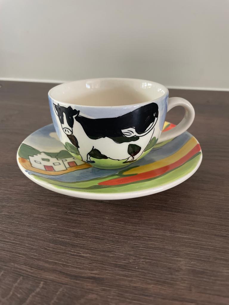Delfts Blauw handgeschilderd Hollandse koe en molen servies, Ophalen, Keramiek, Zo goed als nieuw, Overige stijlen