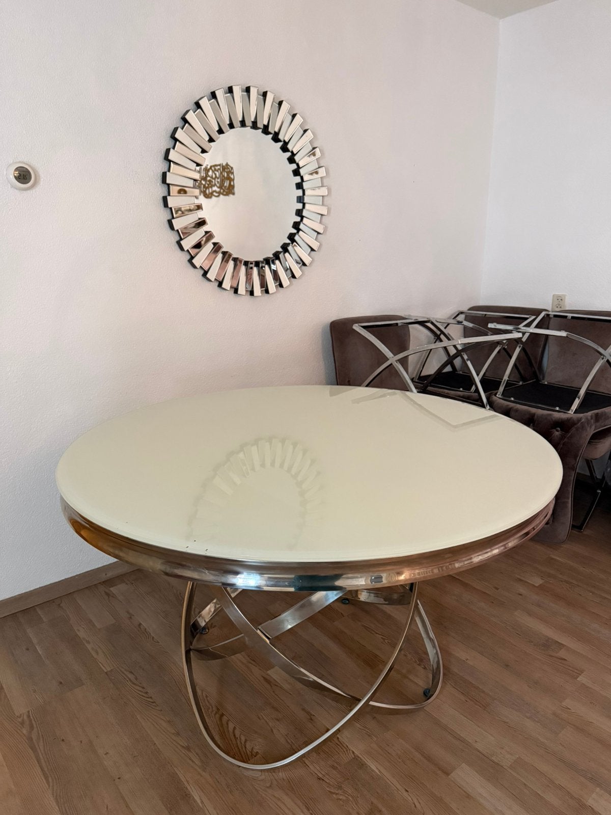 Ronde eettafel 130 cm  wit glas luxe design, Huis en Inrichting, Ophalen, Gebruikt, 100 tot 150 cm, Rond