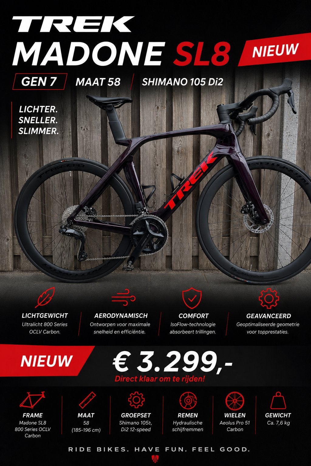 Trek Madone SL8 Gen 7 Shimano 105 Di2 Maat 58 Nieuw, Overige merken, 28 inch, Carbon, Nieuw
