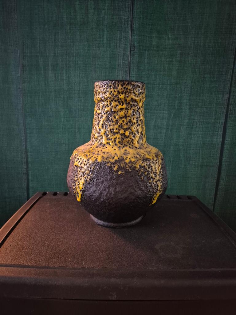 Vintage Fat Lava vaas - West Germany - geel/zwart, Ophalen of Verzenden