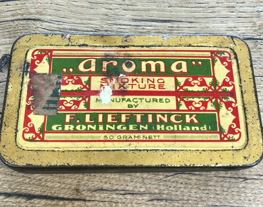 Oud Aroma tabaksblikje F. Lieftinck Groningen, Ophalen of Verzenden, Gebruikt, Tabaksdoos of Verpakking
