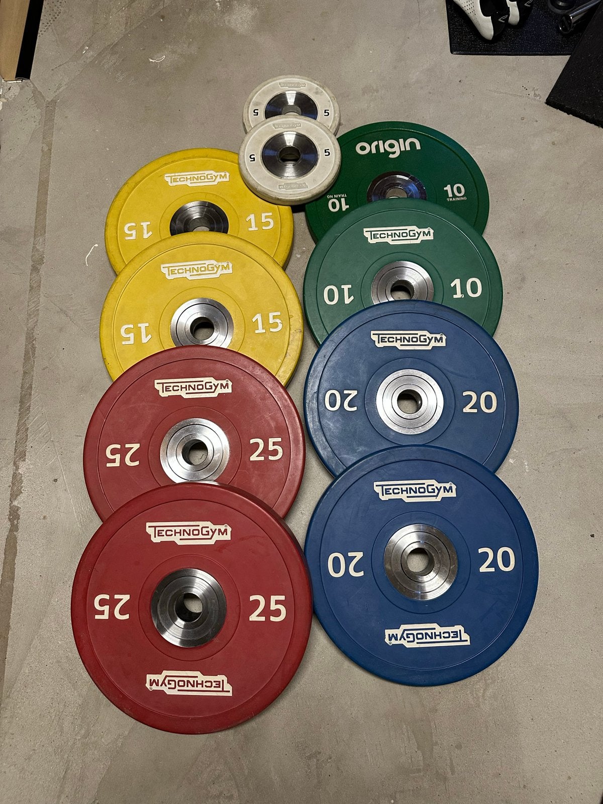 Complete homegym met rack en 150 kg Technogym plates + bank, Ophalen, Gebruikt, Benen, Halterschijven