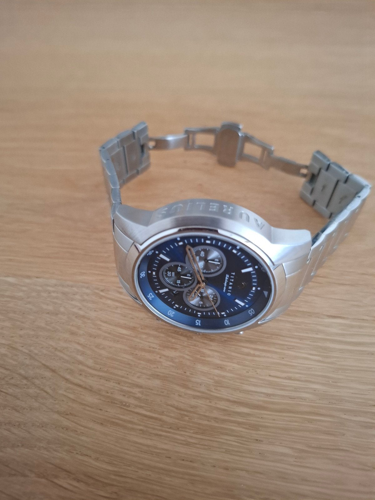 Stijlvol TITANIO Aurelius herenhorloge, blauwe wijzerplaat, Overige merken, Staal, Polshorloge, Ophalen of Verzenden