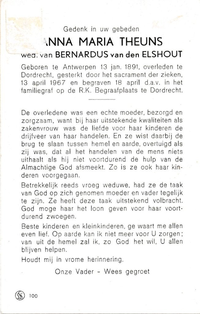 Theuns Anna 1891 Antwerpen 1967 Dordrecht, Ophalen of Verzenden