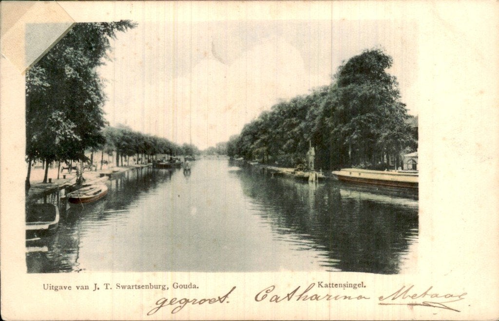 Gouda - Kattensingel - Kanaal met boten, Ophalen of Verzenden, Voor 1920, Gelopen, Zuid-Holland