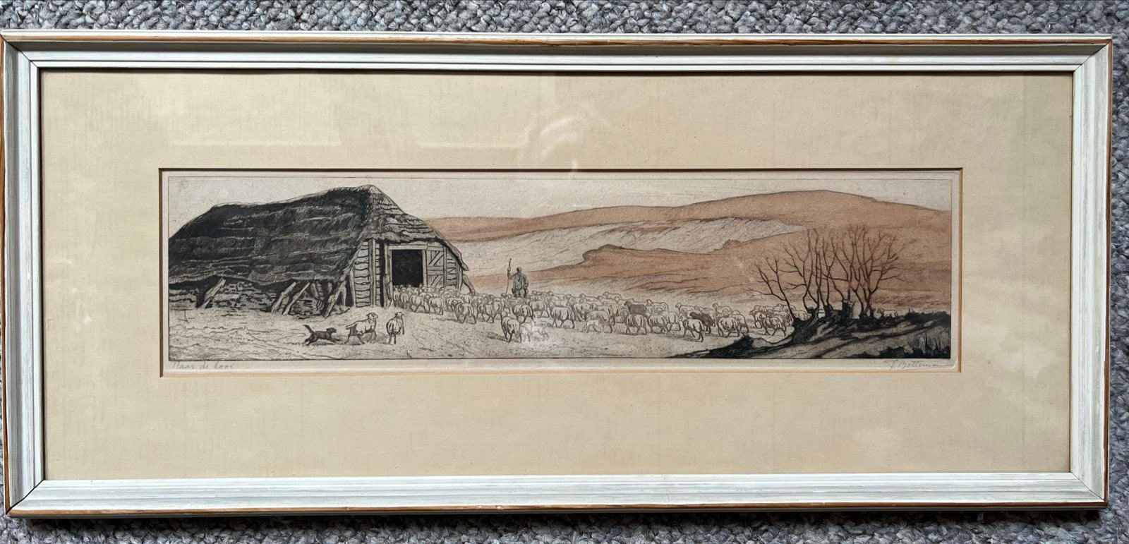 Tjeerd Bottema - Naar de Kooi - Ets - Landschap met schapen, Antiek en Kunst, Kunst | Etsen en Gravures, Ets, Ophalen of Verzenden