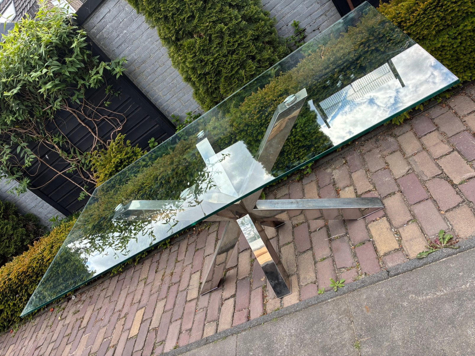 Glazen tafel, Tuin en Terras, Tuintafels, Ophalen, Zo goed als nieuw, Rechthoekig