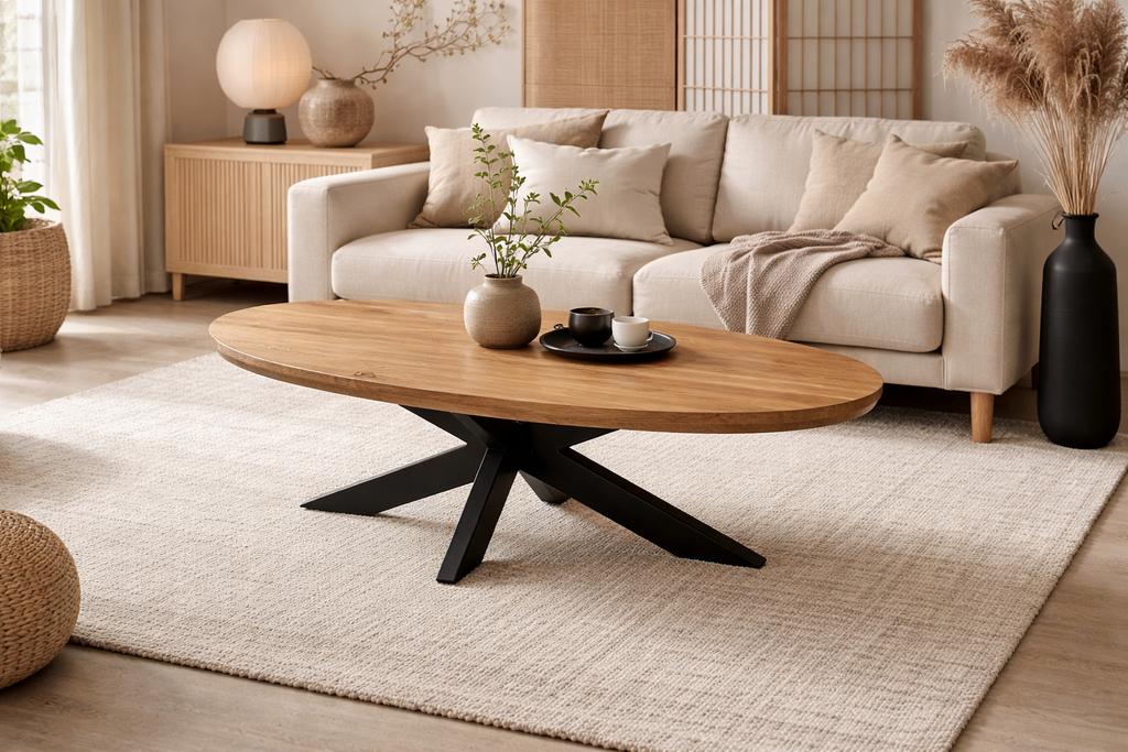 Tulsa ovale salontafel robuust mangohout 130x70x45, Ophalen, Japandi, Industrieweg 25, 100 tot 150 cm