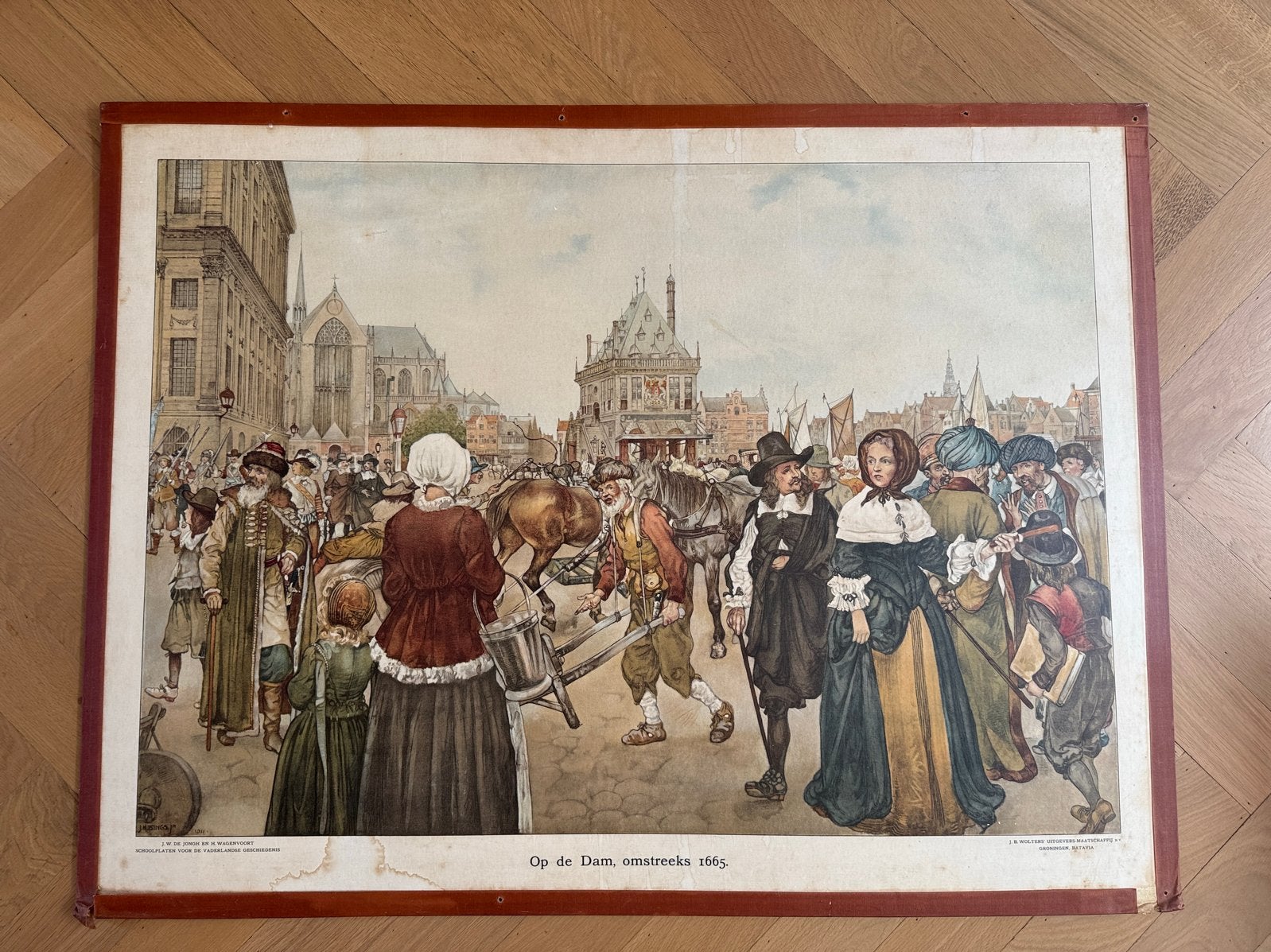 Historische Plaat: Op de Dam, omstreeks 1665, Antiek en Kunst, Ophalen of Verzenden, Stad- en Dorpsgezichten