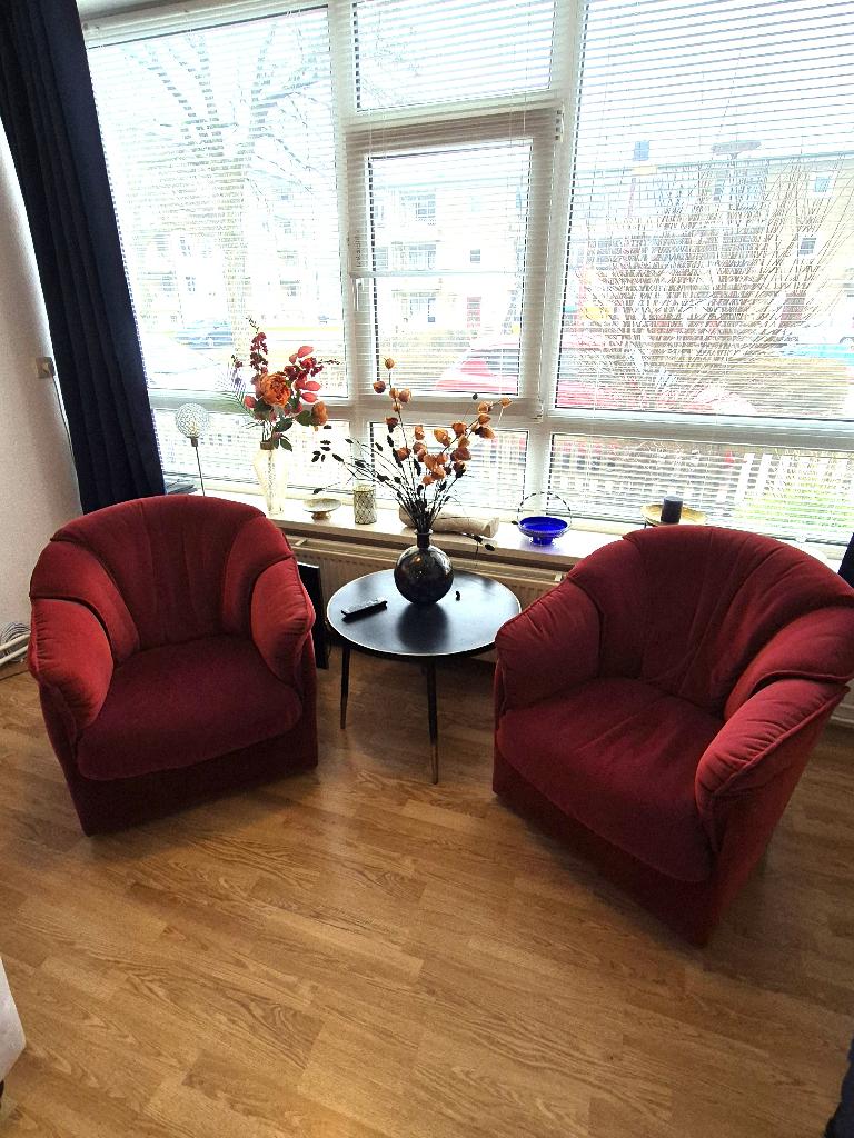 2 Prachtige, comfortabele rode fauteuils, Huis en Inrichting, Fauteuils, Ophalen, 75 tot 100 cm, Zo goed als nieuw, Stof